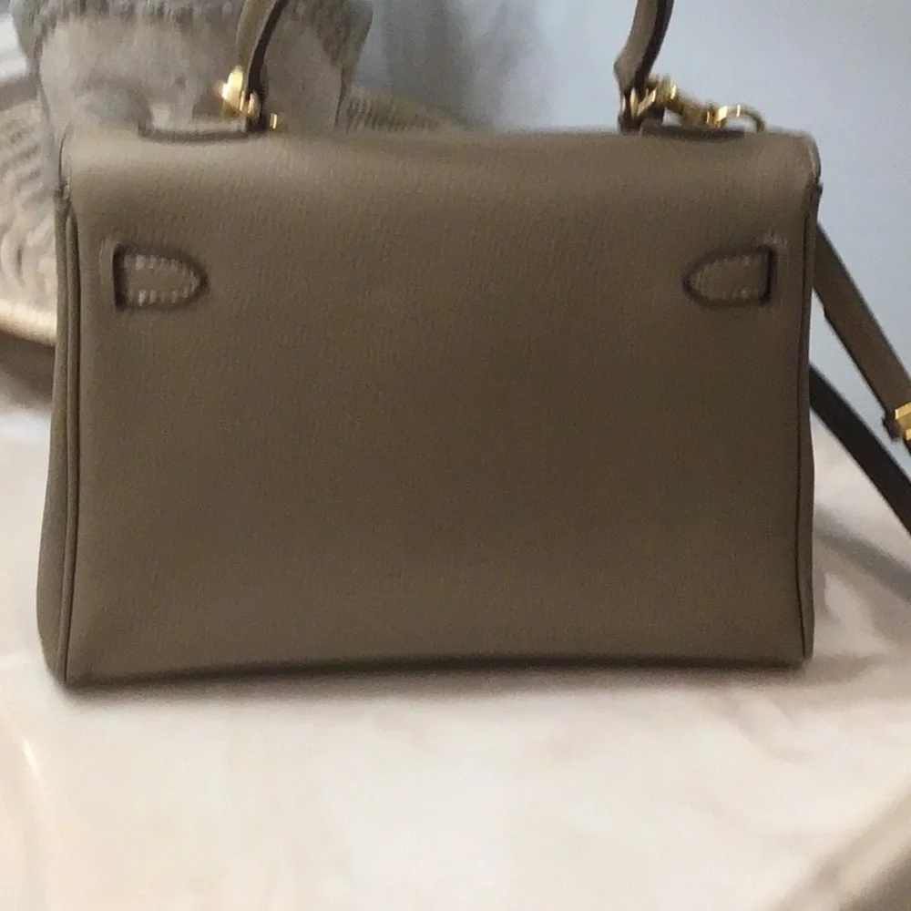 New Elegant Taupe Designer Inspired Satchel Bag with crossbody strap. - Picture 5 of 12